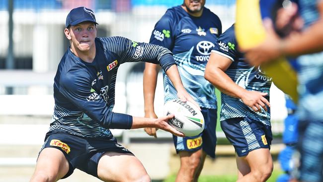 Thomas Gilbert shows off his skills at Cowboys training last week. Picture: Zak Simmonds