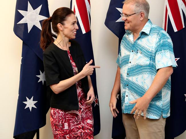 Australia's Prime Minister Scott Morrison talks with New Zealand Prime Minister Jacinda Ardern at the Pacific Islands Forum in Tuvalu. Picture: AFP