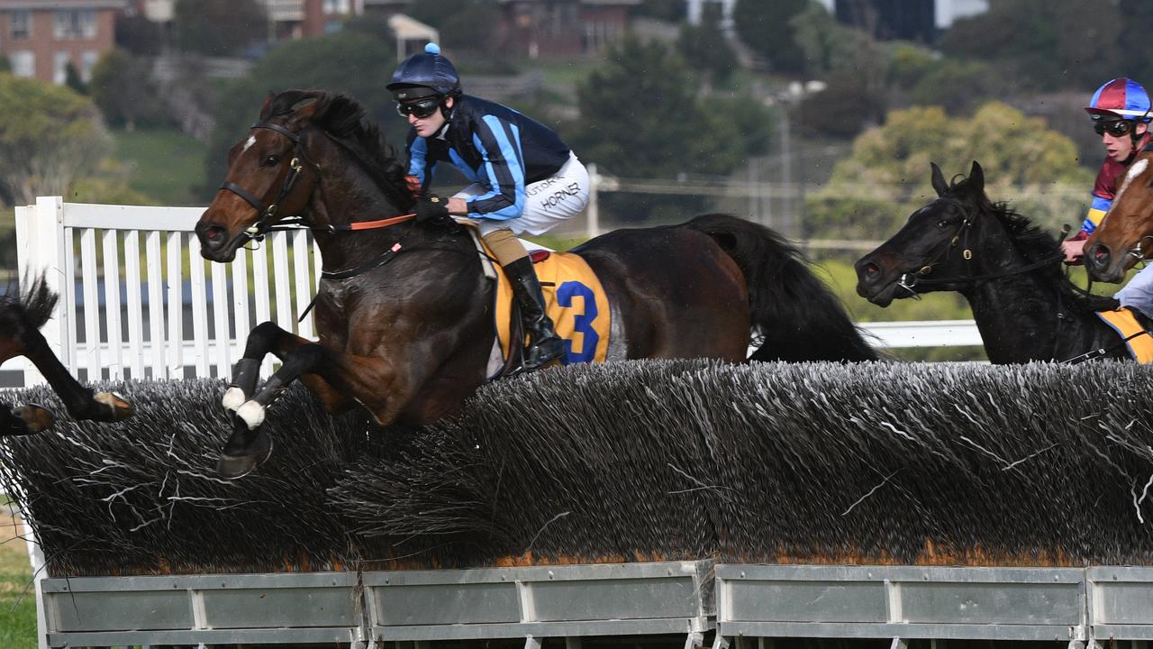 Darryl Horner Jr guided Flying Agent to a dominant win in the Brierly Steeplechase at Warrnambool. Picture: Getty Images