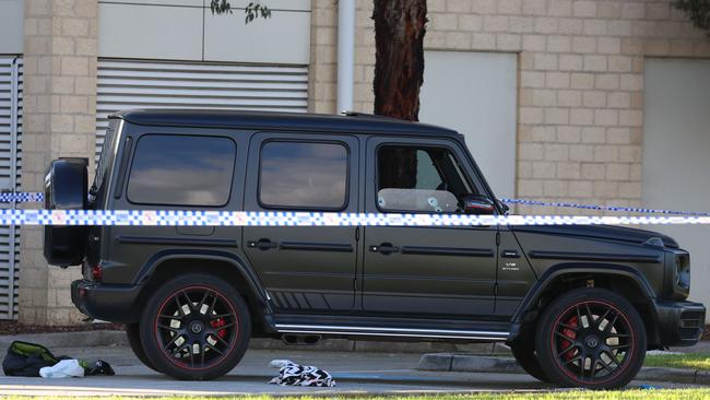 The Mercedes car of Abdulrahim outside Fawkner Police station after he drove there after being hit. Picture: Brendan Beckett