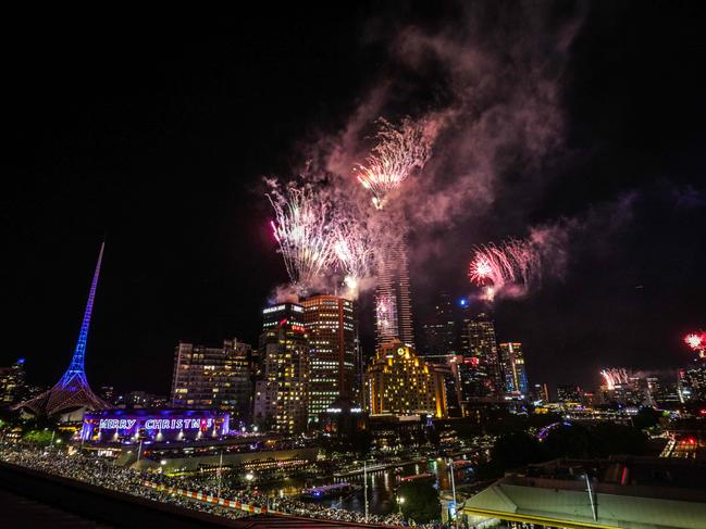 The fireworks from the Federation Square rooftop. Picture: Nicole Cleary