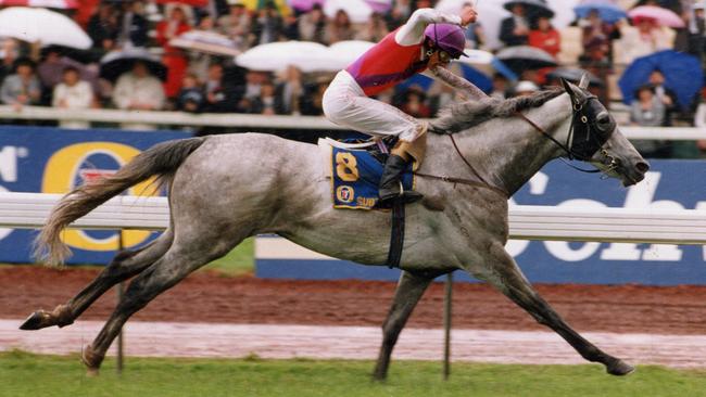 Subzero, ridden by jockey Greg Hall, ploughs through the heavy conditions on his way to a decisive win in the 1992 Melbourne Cup.