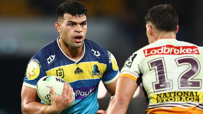 David Fifita runs against the Broncos. Photo by Chris Hyde/Getty Images