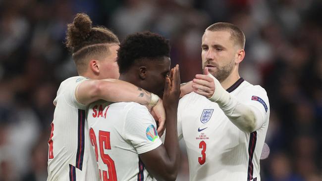 England's midfielder Bukayo Saka reacts after failing to score in the penalty shootout during the UEFA EURO 2020 final. Picture: AFP