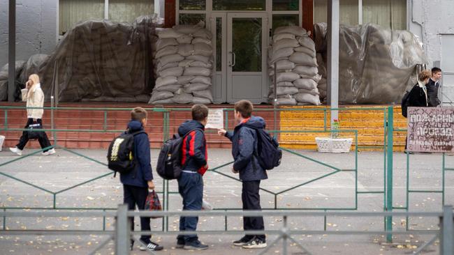 Sandbags fortify the entrance to a school building in Kursk, amid the ongoing Russian-Ukrainian conflict. Picture: AFP