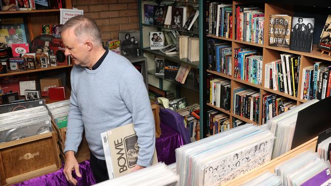 Anthony Albanese armed with some vinyl classics, but probably not Taylor Swift. Picture: Dylan Coker