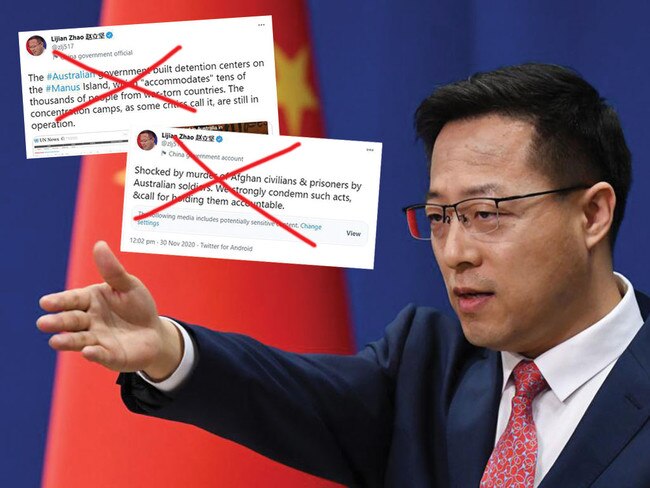 Deputy Director Zhao Lijian of the Chinese Foreign Ministry with some of his propaganda handicwork. Pictures: AFP/Twitter