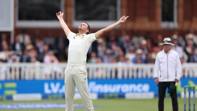 Josh Hazlewood celebrates the crucial wicket of Ben Stokes. Picture: Getty