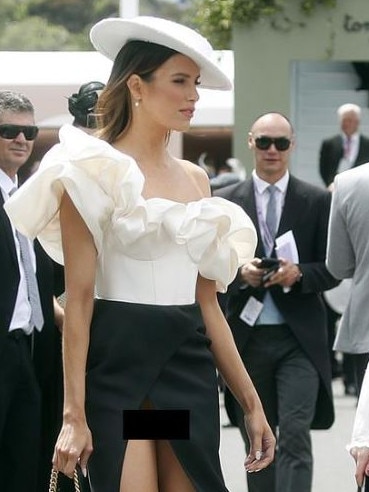 The Australian model’s undies were exposed as she ventured around the racecourse. Picture: Media Mode