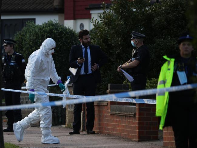 Police at the scene where UK Conservative MP Sir David Amess was stabbed to death in Leigh-on-Sea, England. Picture: Getty Images