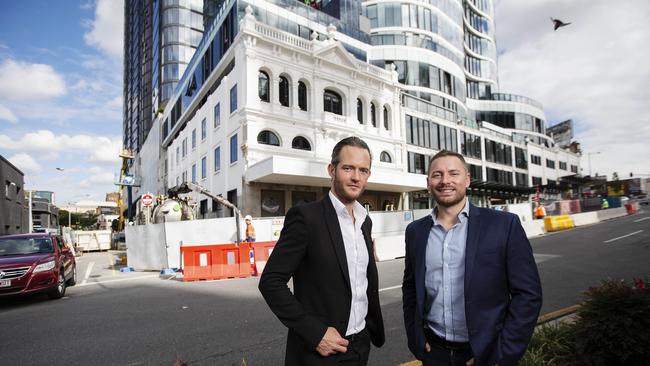 Tim Gurner from Gurner and James Sinclair from SHG opposite Foresters Restaurant &amp; Bar and Altitude at Foresters at the FV complex in Fortitude Valley. Picture: Attila Csaszar/AAP