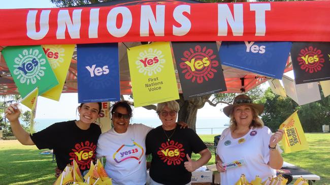 Anna Goode, Karen Edyvane, Jasmine Davis and Selina Swan at the Yes rally on Darwin's Esplanade. Picture: Zayda Dollie