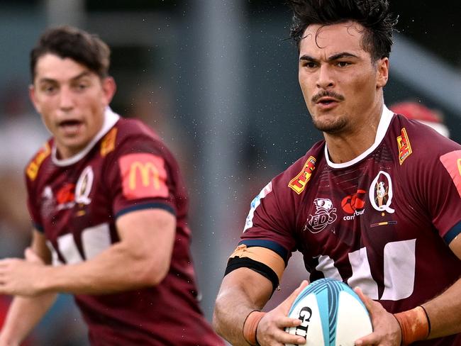 APIA, SAMOA - APRIL 14: Jordan Petaia of the Reds charges forward during the round eight Super Rugby Pacific match between Moana Pasifika and Queensland Reds at Apia Park National Stadium, on April 14, 2023, in Apia, Samoa. (Photo by Joe Allison/Getty Images)