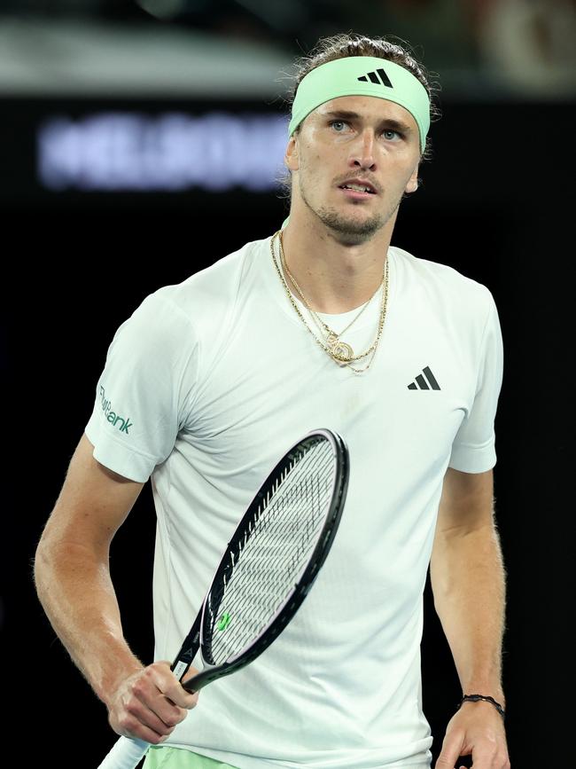 Alexander Zverev looks to his coaching box after claiming a point against Daniil Medvedev on Friday night. Picture: Cameron Spencer/Getty Images.