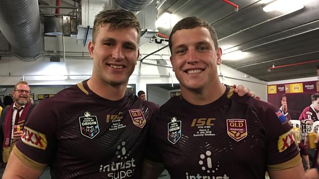 Jai Arrow (left) and Jarrod Wallace after helping Queensland to a win in Origin III, 2018.