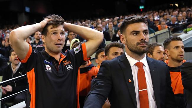 A nervous Toby Greene watches Saturday’s preliminary final due to suspension. Picture. Phil Hillyard.