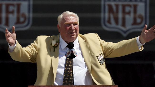 (FILES) In this file photo taken on August 5, 2006 broadcaster and former coach John Madden speaks during the Class of 2006 Pro Football Hall of Fame Enshrinement Ceremony at Fawcett Stadium in Canton, Ohio. - NFL coaching great John Madden, whose influence extended through a long broadcasting career and into the current age of video games, has died at the age of 85, the league said Tuesday. (Photo by Doug Benc / GETTY IMAGES NORTH AMERICA / AFP)