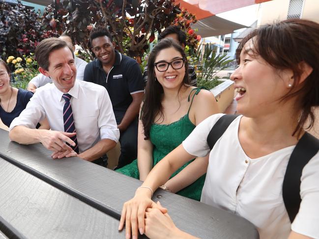 17/4/2018: L-R (front) Federal Education Minister Simon Birmingham,  Susana Arredondo Uribe 27 Colombia, QUT, and Heeju KIM  34 South Korea  ABS (Australia business school) as they   talk with the Minister , as he meets with a group of international students, in Spring Hill, Brisbane. New figures show a very strong increase in international students this year. Lyndon Mechielsen/The Australian