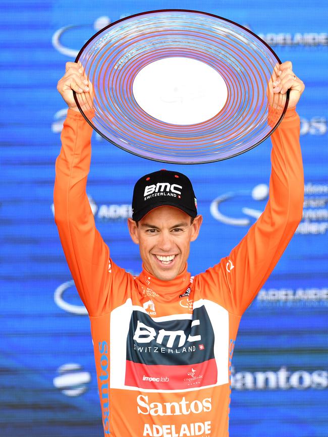 Richie Porte celebrates winning the Tour Down Under in 2017. Photo: AAP/Dan Peled