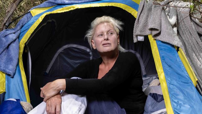 December 17, 2024: Homeless person Rachel Gallacher living in tent in Modbury.  Picture: Kelly Barnes