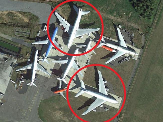 Unwanted Airbus A380 superjumbos in a field next to Tarbes airport in France. Picture: Google Maps