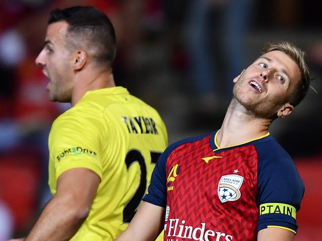 ADELAIDE, AUSTRALIA - MAY 07: Stefan Mauk of Adelaide United reacts to missed shot at goal during the A-League match between Adelaide United and Wellington Phoenix at Coopers Stadium, on May 07, 2021, in Adelaide, Australia. (Photo by Mark Brake/Getty Images)