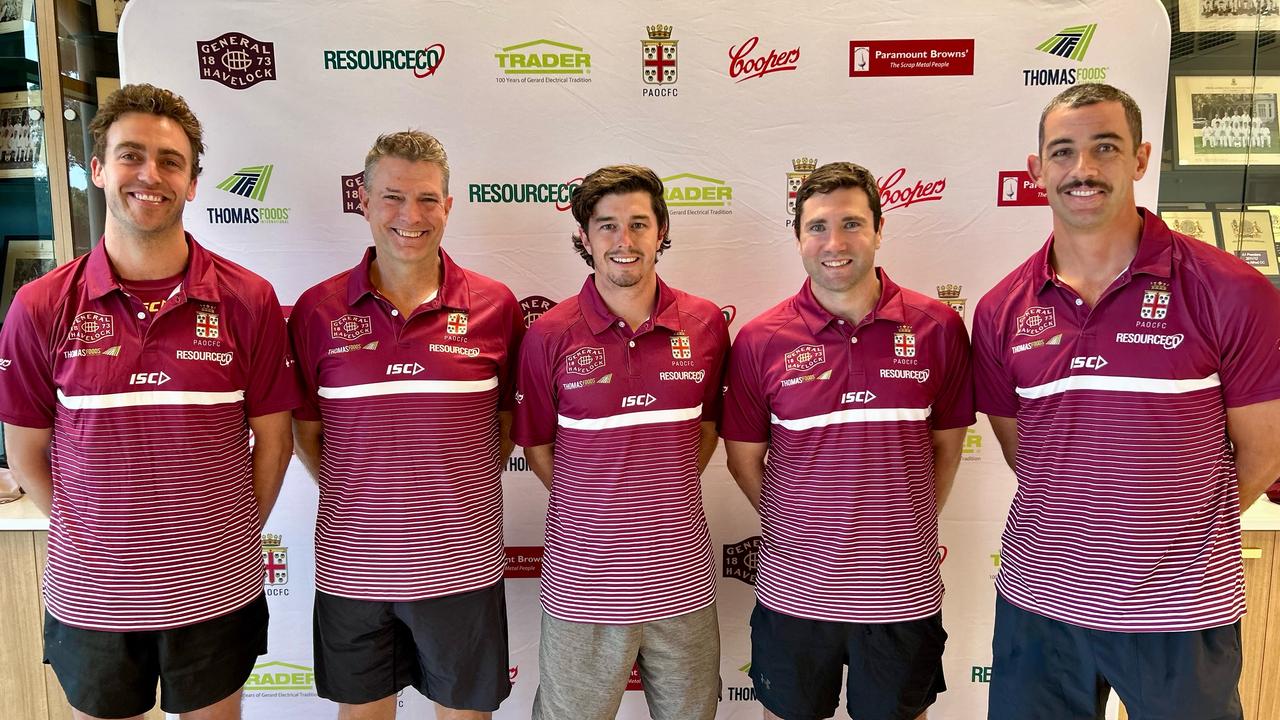 The Prince Alfred Old Collegians coaches for 2025. Tom Brinsley (left), Darren Thomas, Ned McHenry, Adam Perryman and Taylor Walker. Picture: Prince Alfred Old Collegians