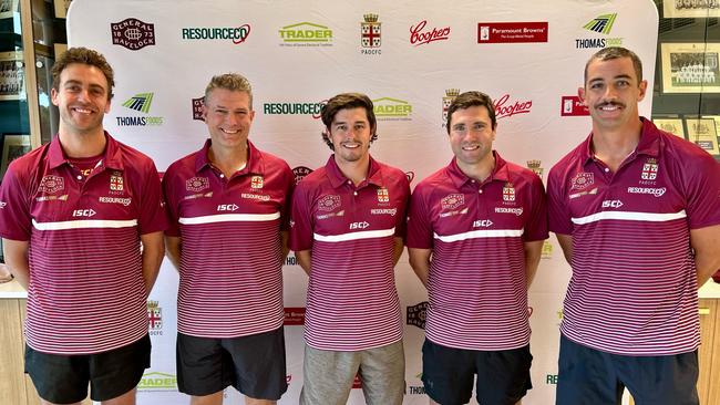 The Prince Alfred Old Collegians coaches for 2025. Tom Brinsley (left), Darren Thomas, Ned McHenry, Adam Perryman and Taylor Walker. Picture: Prince Alfred Old Collegians