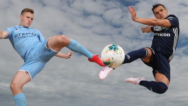 Melbourne City's Scott Galloway (left) and Melbourne Victory's Kristijan Dobras ahead of Saturday night’s derby clash..Picture: Michael Klein.