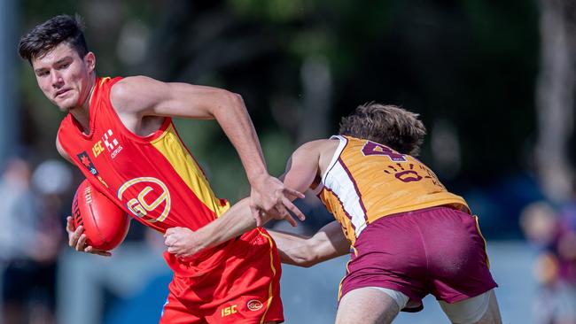 Lachlan McDonald and Ned Stevens tussle for the ball during the 2020 Northern Academy Series match between the Brisbane Lions and the Gold Coast Suns at Labrador Park on August 16, 2020 in Gold Coast, Australia. (Photo by Russell Freeman/AFL Photos)