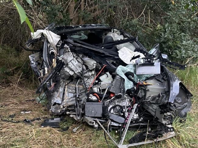 A woman who was driving a Tesla, pictured, was killed after her car and a Toyota HiLux crashed in a head-on, on the Sunshine Mwy in Coolum Beach on October 7. Picture: Contributed