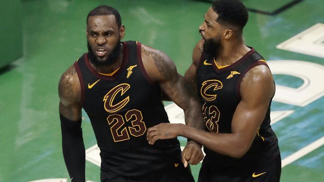 Cleveland Cavaliers forward LeBron James and centre Tristan Thompson celebrate. Picture: AP