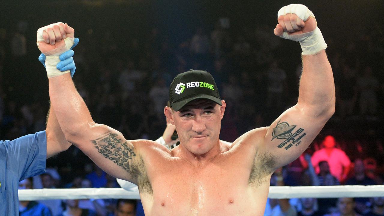 Paul Gallen celebrates after defeating John Hopoate in February.