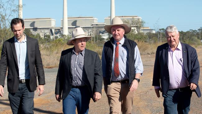 From left, Queensland Senator Matt Canavan, LNP Flynn candidate Colin Boyce, Deputy Prime Minister Barnaby Joyce and incumbent Flynn MP Ken O'Dowd at the Gladstone Power Station to announce the Flynn candidate. Picture: Steve Vit