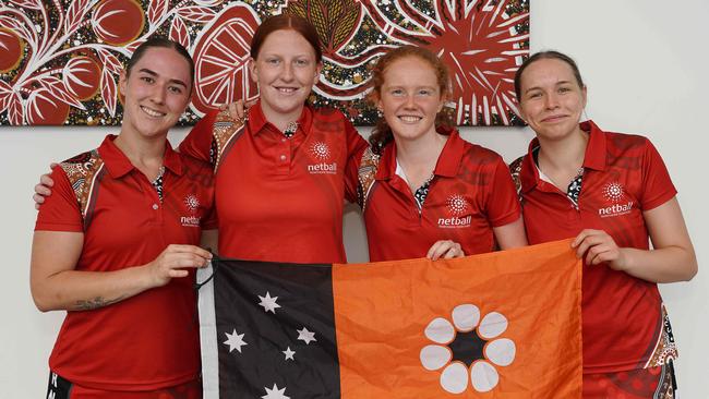 The NT’s Alice Spring team members Molly Southam, Amelia Napier, Kristy Wapper &amp; Izzy ross at the 2023 National Netball Championships. Picture: Pema Tamang Pakhrin