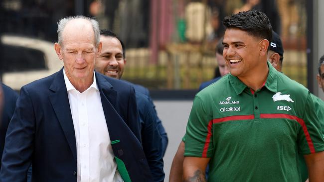 South Sydney Rabbitohs head coach Wayne Bennett and Latrell Mitchell (right) are seen arriving for a press conference at Redfern Oval in Sydney, Monday, January 13, 2020. Latrell Mitchell has signed a one-year deal with South Sydney Rabbitohs. (AAP Image/Bianca De Marchi) NO ARCHIVING