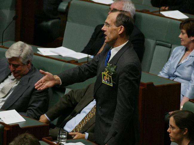 Bob Brown heckles George W. Bush as he addresses Federal Parliament in 2003. Picture: AP/Charles Dharapak