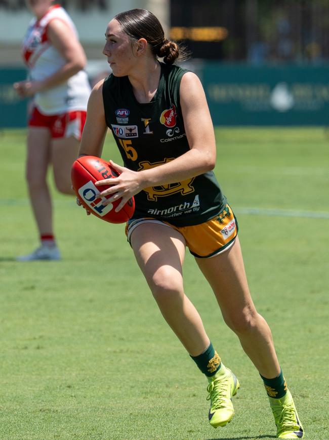 Lakhyah Hill playing for St Mary's in the 2024-25 NTFL season. Picture: Tymunna Clements / AFLNT Media