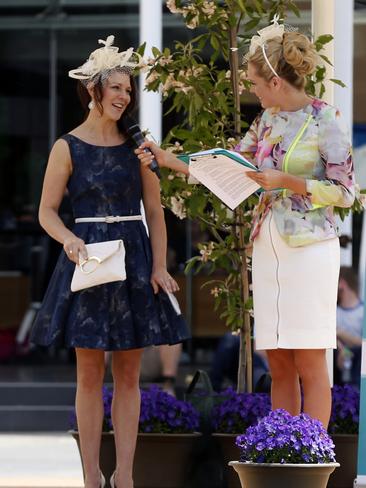 Fashions on the Field entrant Melanie Wright speaks with compere Katelyn Barry.