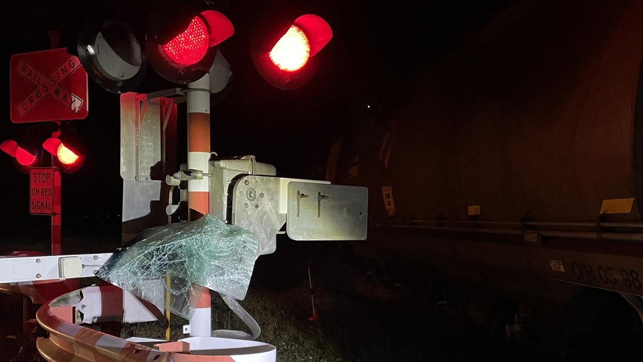 The windscreen of the Toyota Landcruiser following a collision with an Aurizon coal train on Peter Delemothe Rd, west of Bowen, on July 11. Picture: Heidi Petith and Estelle Sanchez