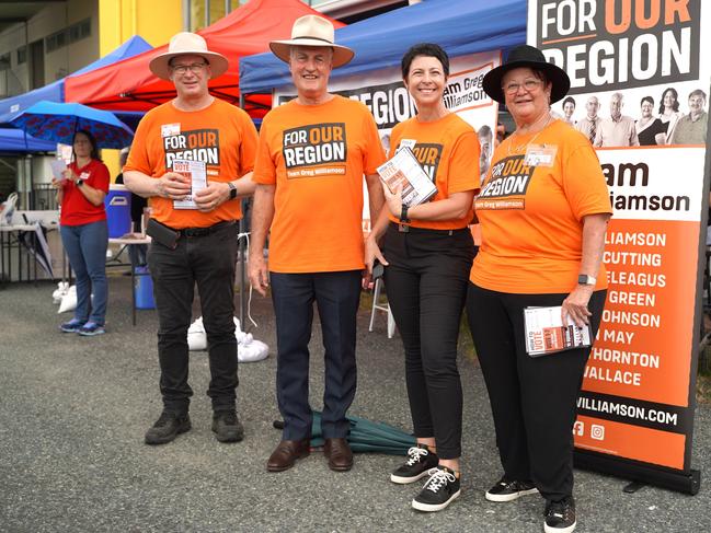 Team Williamson members (from left): councillor candidate Stephen Cutting, incumbent mayor Greg Williamson, incumbent councillor and candidate Michelle Green, and incumbent deputy mayor and councillor candidate Karen May at the early voting for Mackay Regional Council election at the Mackay Showgrounds. Picture Heidi Petith