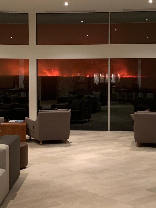 The bushfire approaches the Southern Ocean Lodge foyer on Kangaroo Island before it was destroyed. Picture: supplied