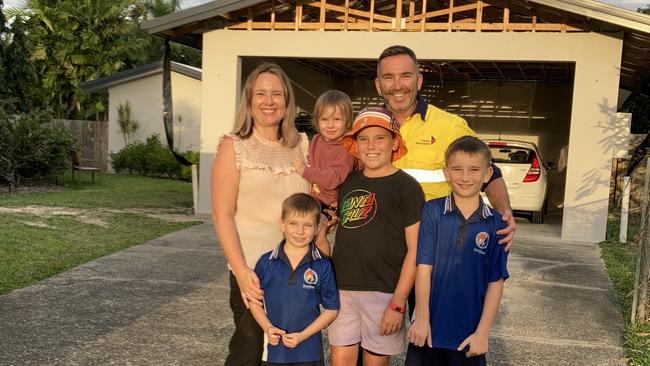 Trinity Beach residents Jude and Stephen Doherty with their children (from left) Logan (6), Macey (3), Aidan (12) and Finley (8). After buying their home in July 2020, they are now working on extending it.