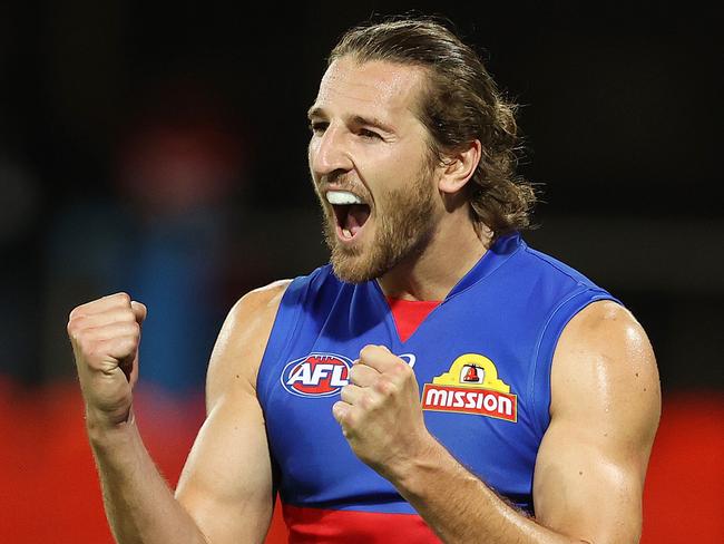 AFL Round 16. Western Bulldogs vs West Coast Eagles at Metricon Stadium. 05/09/2020...  Marcus Bontempelli, skipper of the Bulldogs celebrates the win as the final siren sounds  . Pic: Michael Klein