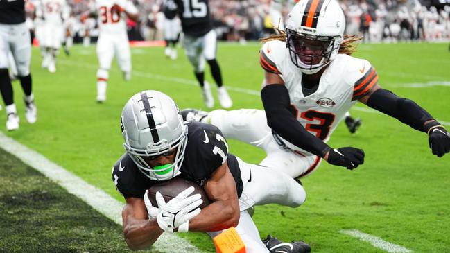 Tre Tucker of the Las Vegas Raiders scores a touchdown by Ronnie Hickman of the Cleveland Browns in Week 4 of the NFL. Picture: Jeff Bottari/Getty Images