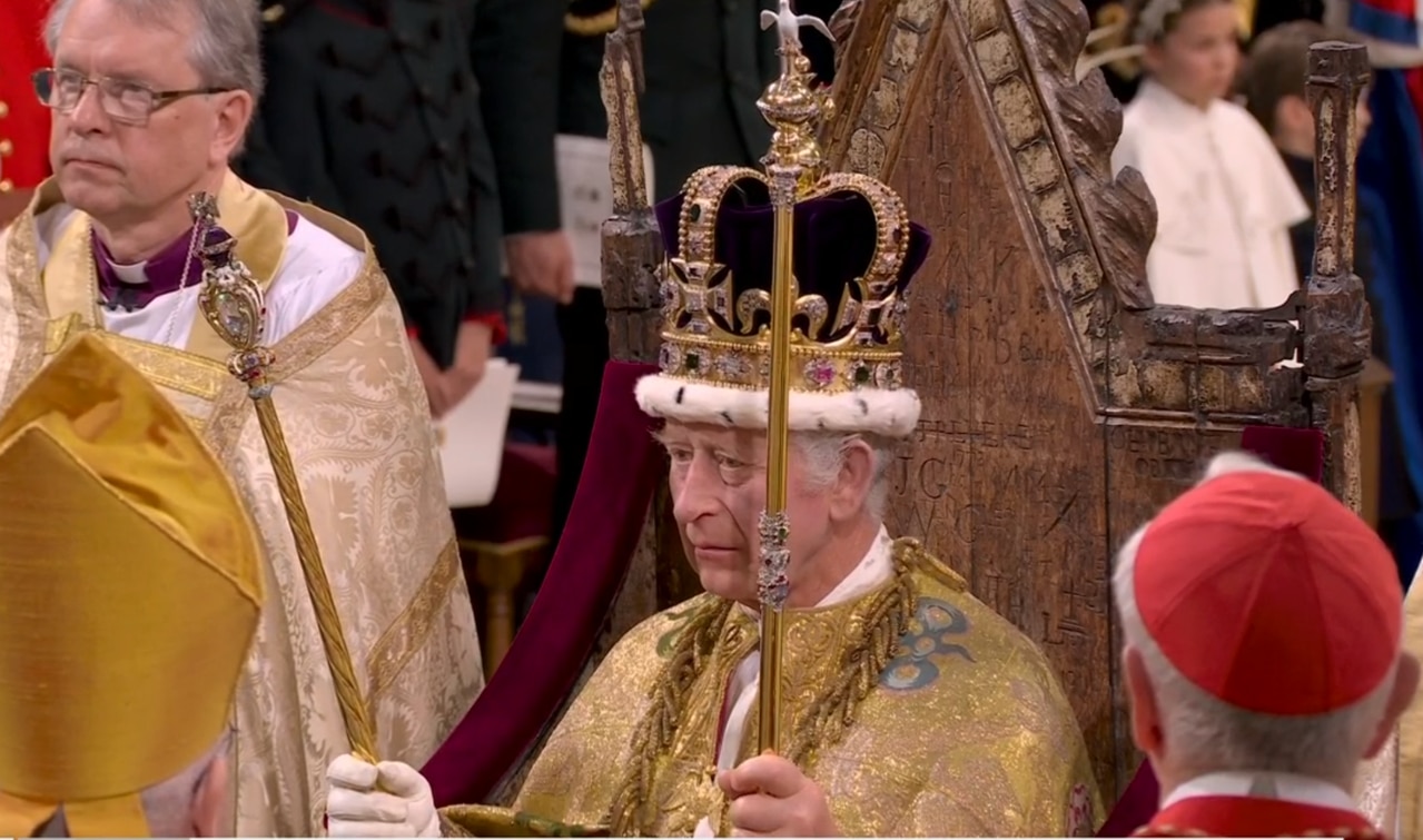 King Charles III has been crowned in a historic ceremony in London. Picture: Sky News