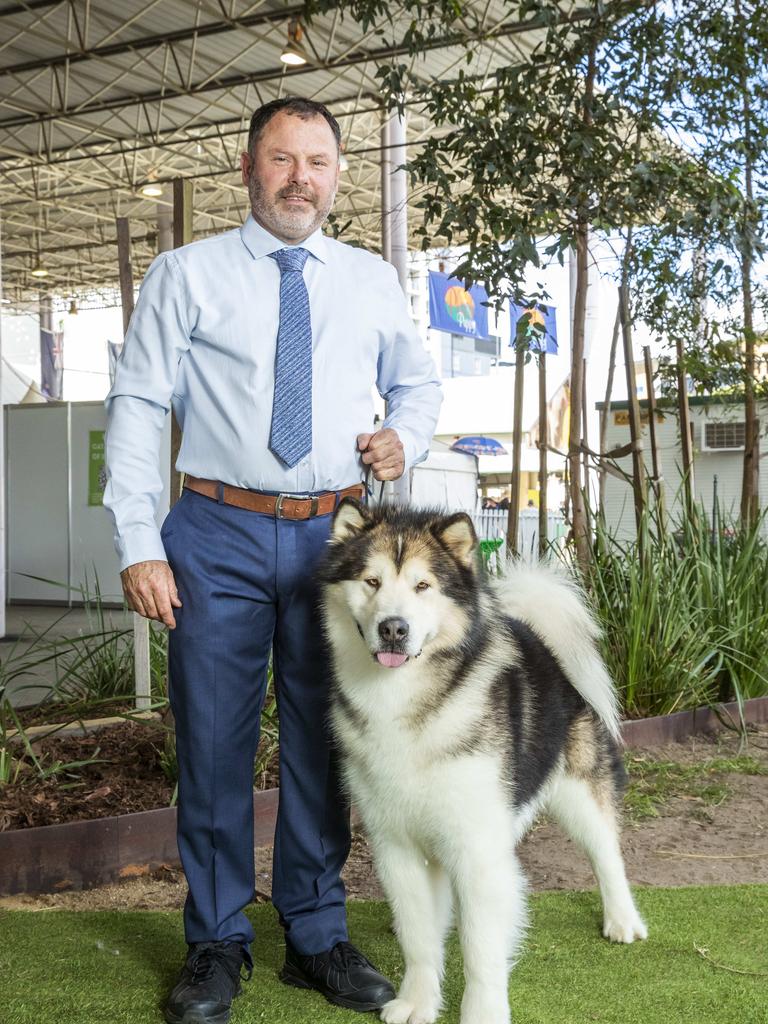 Brett White with Murphy, the Alaskan Malamute, at the 2022 Ekka at the RNA Showgrounds in Bowen Hills on Thursday. Picture: Richard Walker