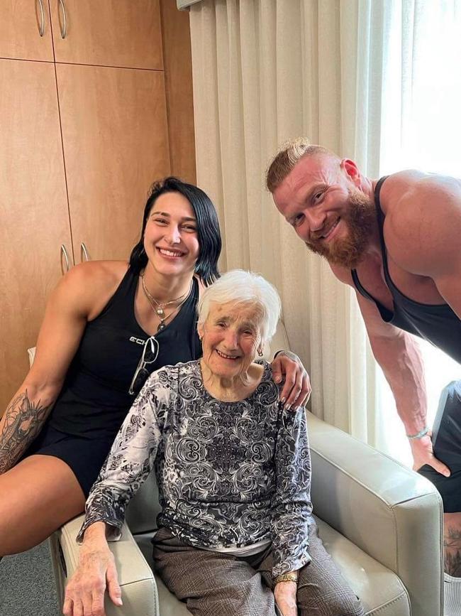 WWW star Rhea Ripley, pictured with partner Buddy Matthews, paid tribute to her Nonna in social media posts. Picture: @rhearipley/ Instagram