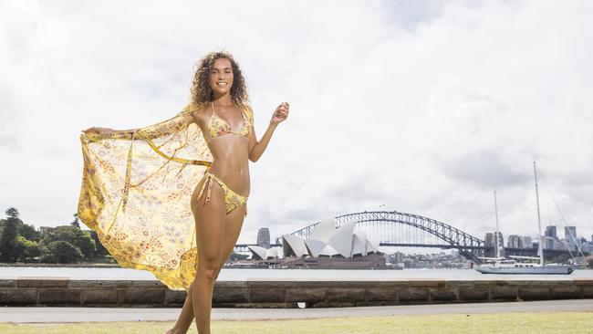 Model Sophie Adams in a Tigerlily bikini ahead of the show. Picture: Dylan Robinson