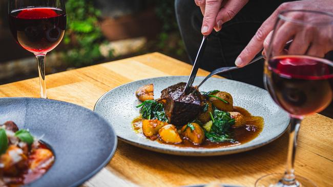 Succulent Cape Grim beef short ribs and roast potatoes from the new Slow by DC menu at In the Hanging Garden. Picture: Raef Sawford/ DarkLab